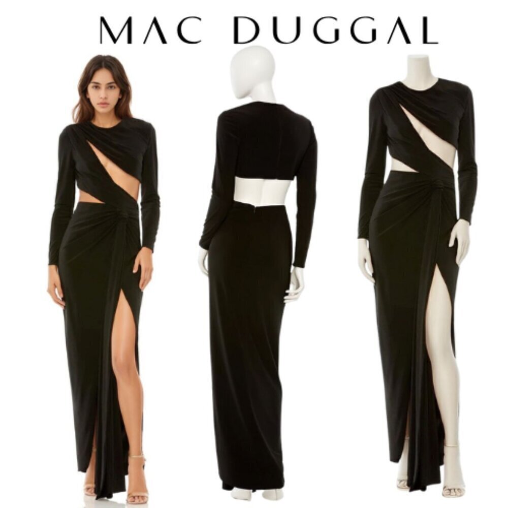 Mac Duggal Long Sleeve Keyhole Formal Luxury Evening Gown – Black NWT